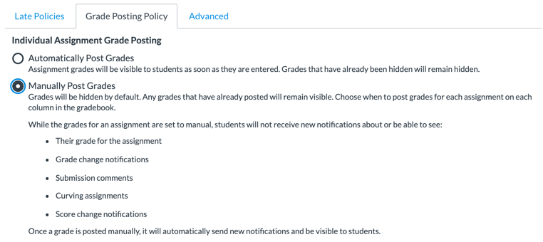 New Gradebook Grade Posting Policy dialog box with Manual option selected