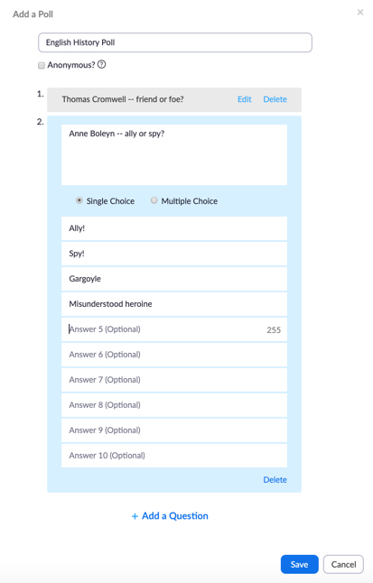 Poll interface in edit mode