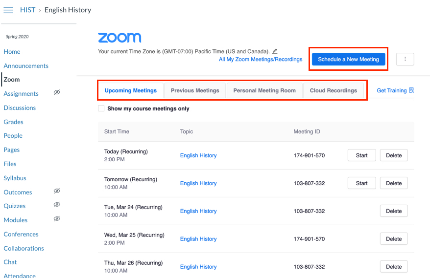 layout of Zoom app in Canvas interface: Schedule a New Meeting button, tabs for Scheduled Meetings, Previous Meetings, Personal Meeting Room, Cloud Recordings