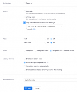 Image showing the available options when scheduling a Zoom Meeting in Canvas.